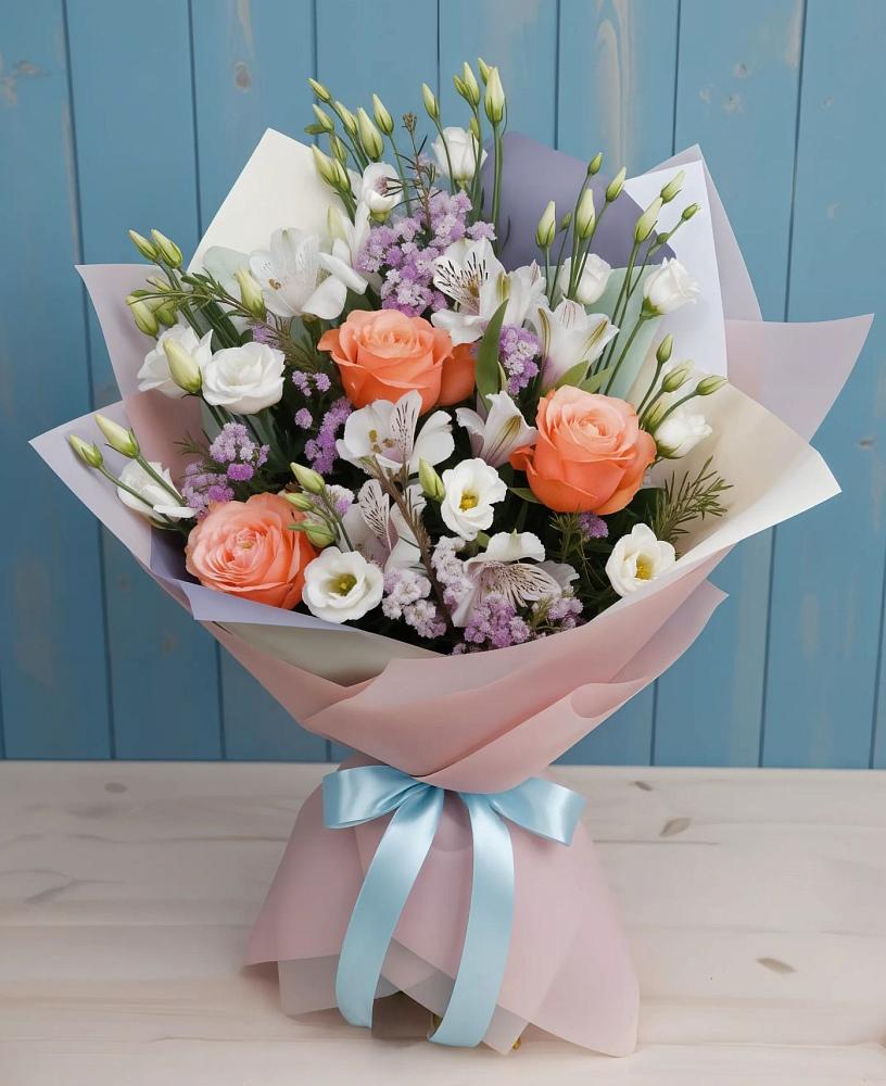Букет цветов из: Лизиантусы, Розы, Альстромерии и Гипсофила в Невьянске
