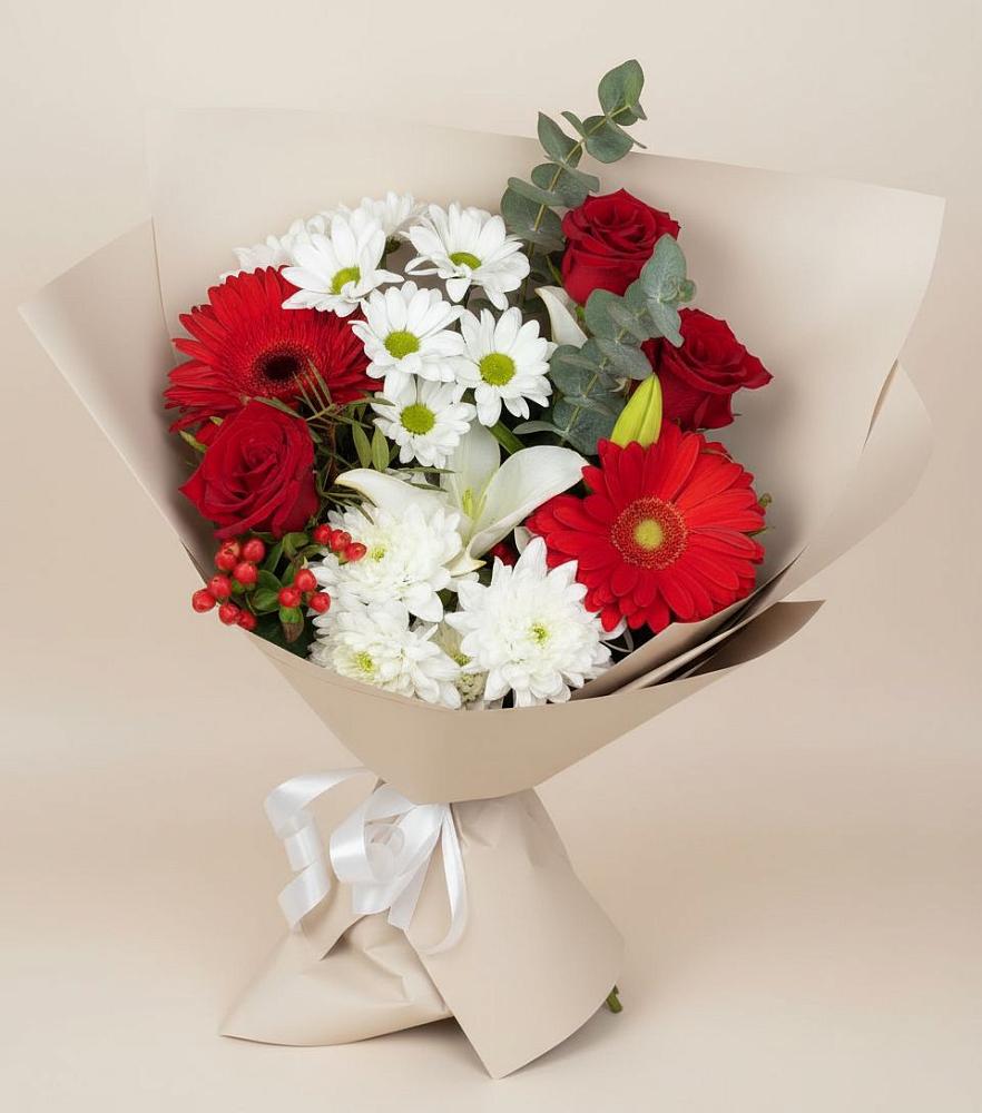 Букет цветов из: Розы, Хризантемы, Герберы и Лилии в Невьянске
